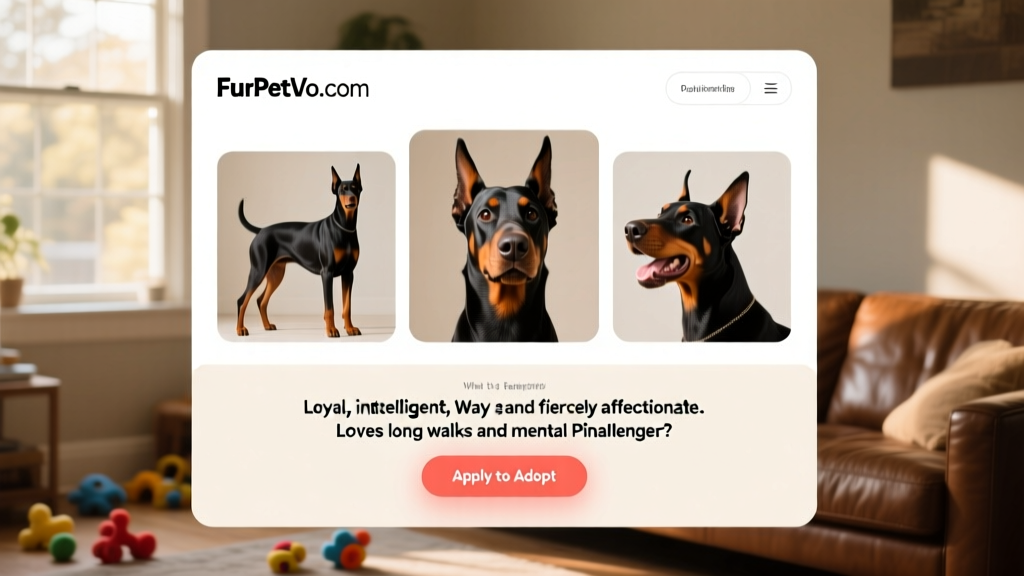 Screenshot-style image showing a FurPetVo.com profile page for a Doberman Pinscher, highlighting photos, bio section, and 'Apply to Adopt' button