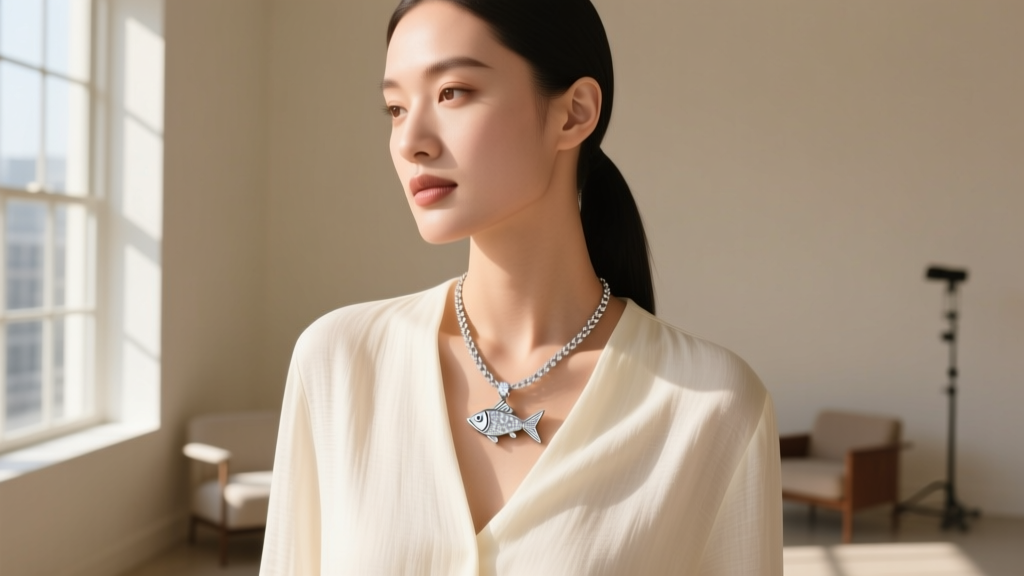 Woman wearing an 18-inch cable chain with a diamond-accented Christian fish pendant, layered elegantly over a cream linen blouse.