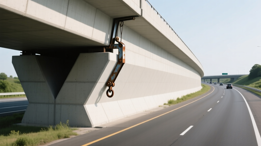 Heavy-duty precast F-shape concrete highway barrier with exposed steel lifting loops installed along a multi-lane interstate curve