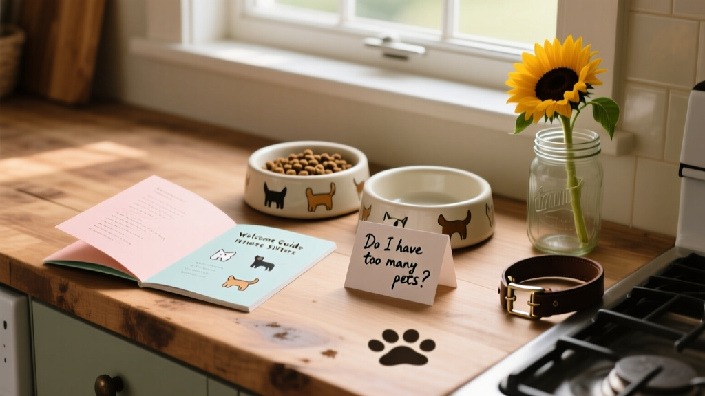 A cozy, well-organized welcome guide laid out on a kitchen counter next to pet food bowls and a handwritten note