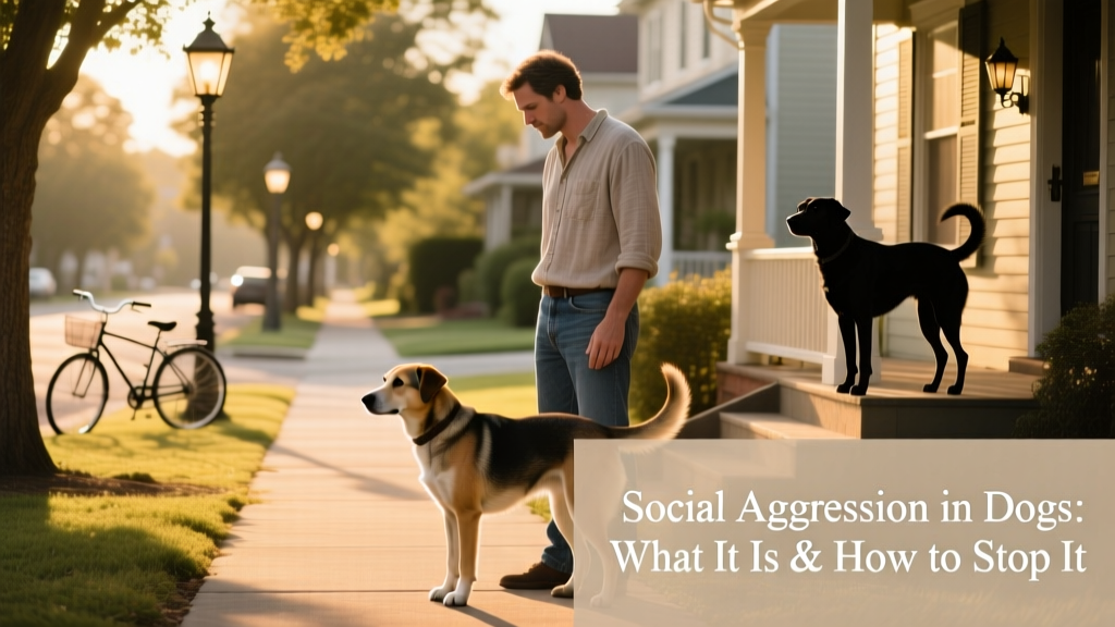 A dog standing calmly beside its owner on a quiet neighborhood street, with another dog visible in the distance
