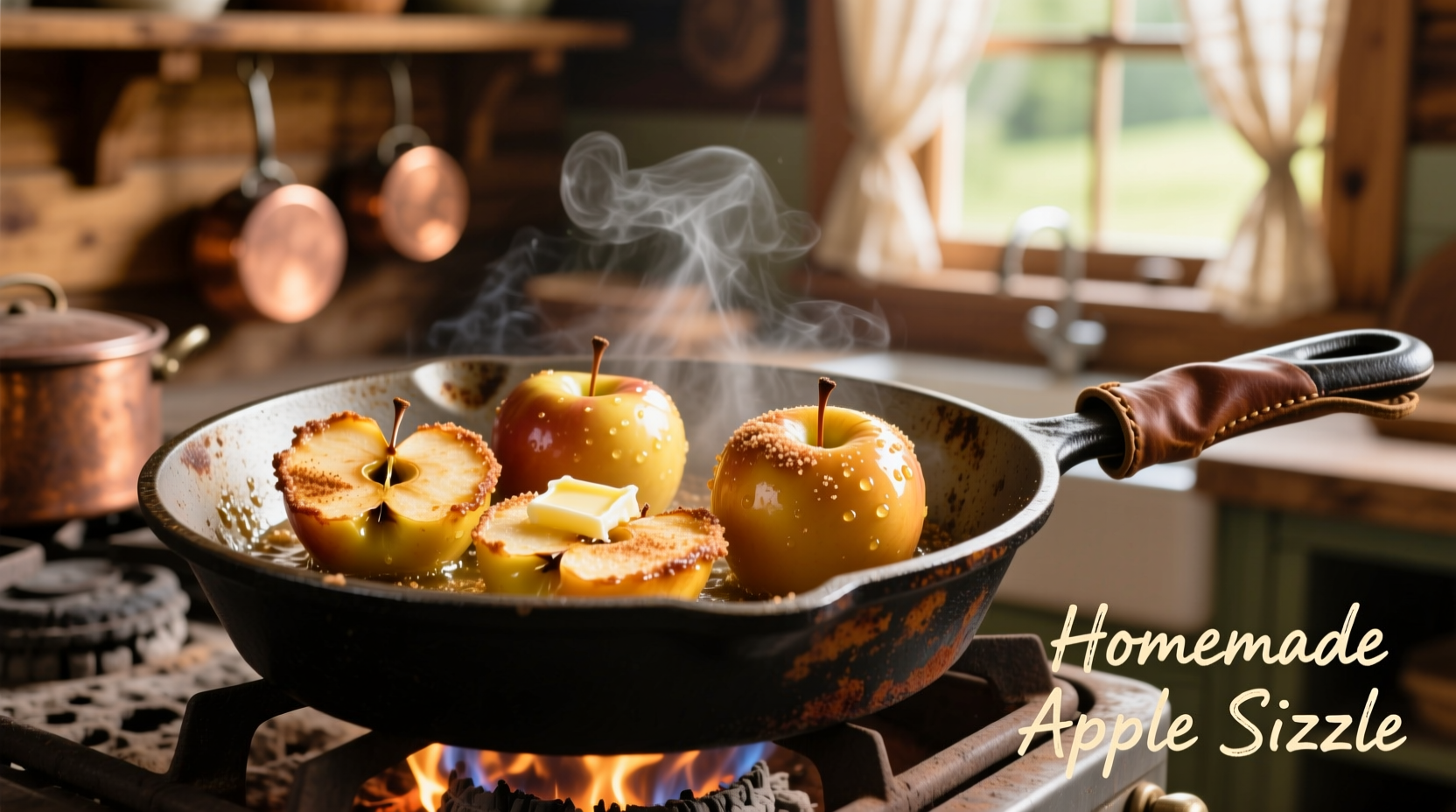 Golden brown fried apples in cast iron skillet