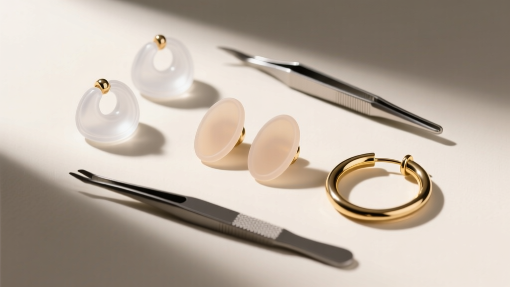 Overhead view of earring support tools including clear silicone jumbo backs, invisible lobe patches, and a thin gold huggie hoop.