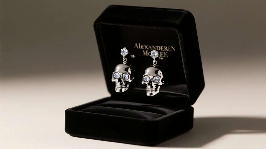 Black velvet gift box revealing silver-tone Alexander McQueen skull drop earrings with crystal eyes under moody dramatic lighting