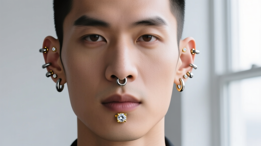 Profile of a man with cartilage piercings wearing 16-gauge titanium labret studs featuring subtle 14k gold bezel gemstone settings.