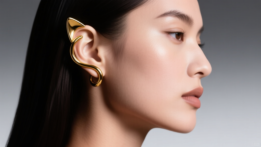 Side profile of a model showcasing a 16-gauge gold cat ear cuff wrapping around the upper helix cartilage, studio lighting