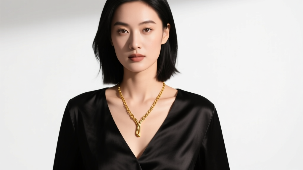 Elegant woman wearing a delicate 18-inch gold Y-chain drop down necklace over a black silk V-neck blouse, soft studio lighting.