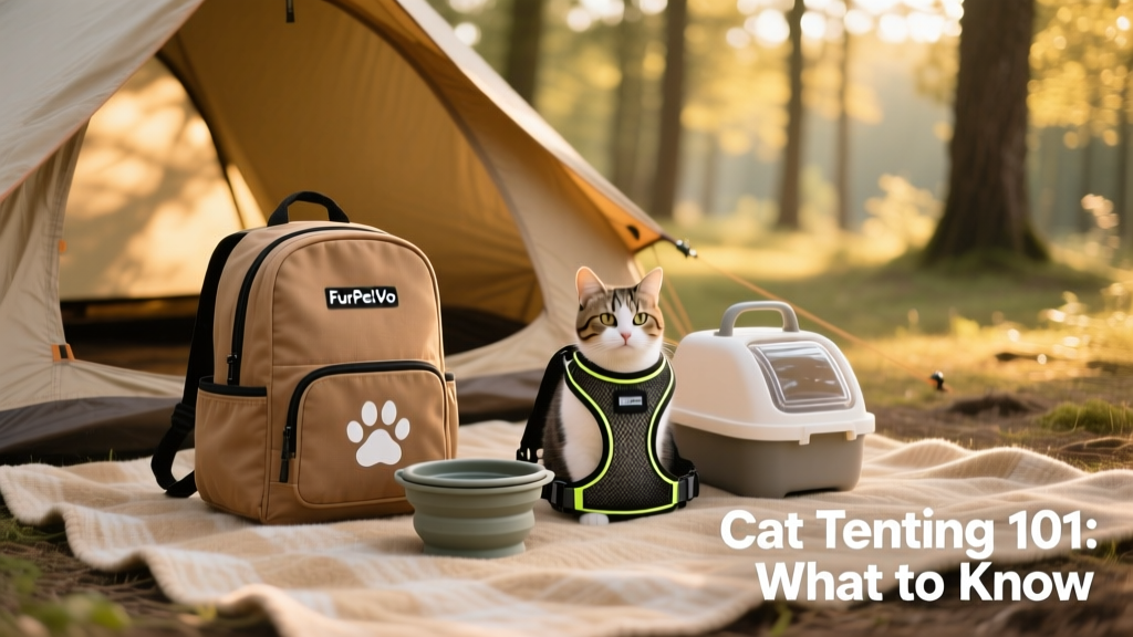 A neatly packed camping gear setup featuring a FurPetVo cat backpack, collapsible bowl, travel litter box, and harness laid out on a picnic blanket near a small tent