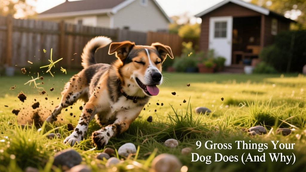 A dog mid-roll on grass with visible dirt and debris on its fur