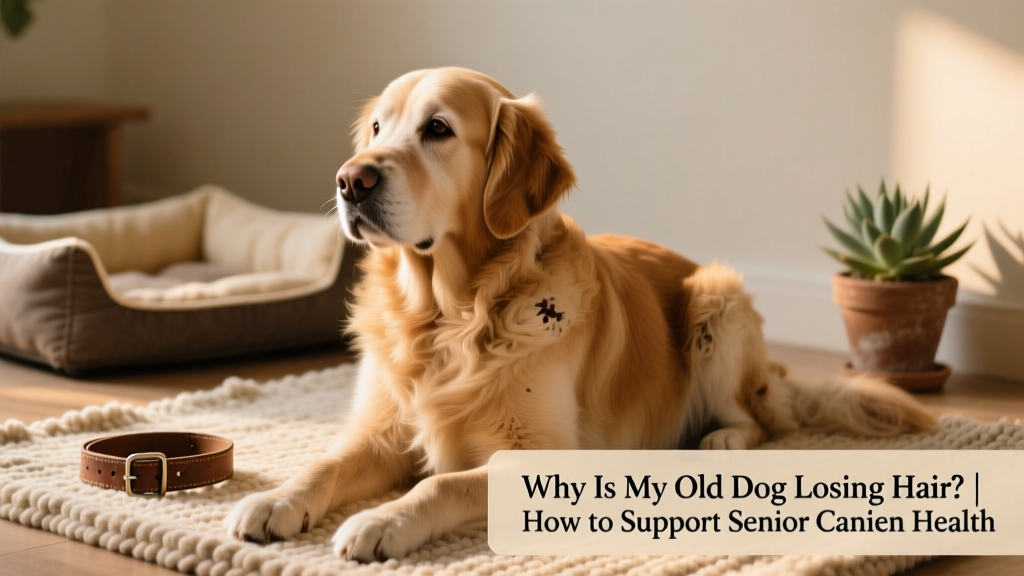 Senior golden retriever with soft, slightly thinning coat sitting calmly on a rug