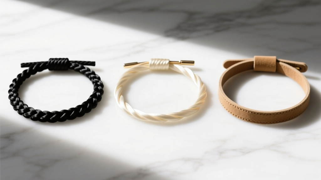 Flat lay of three jewelry cords: braided black nylon, cream silk thread, and flat tan suede lace on a bright white marble surface