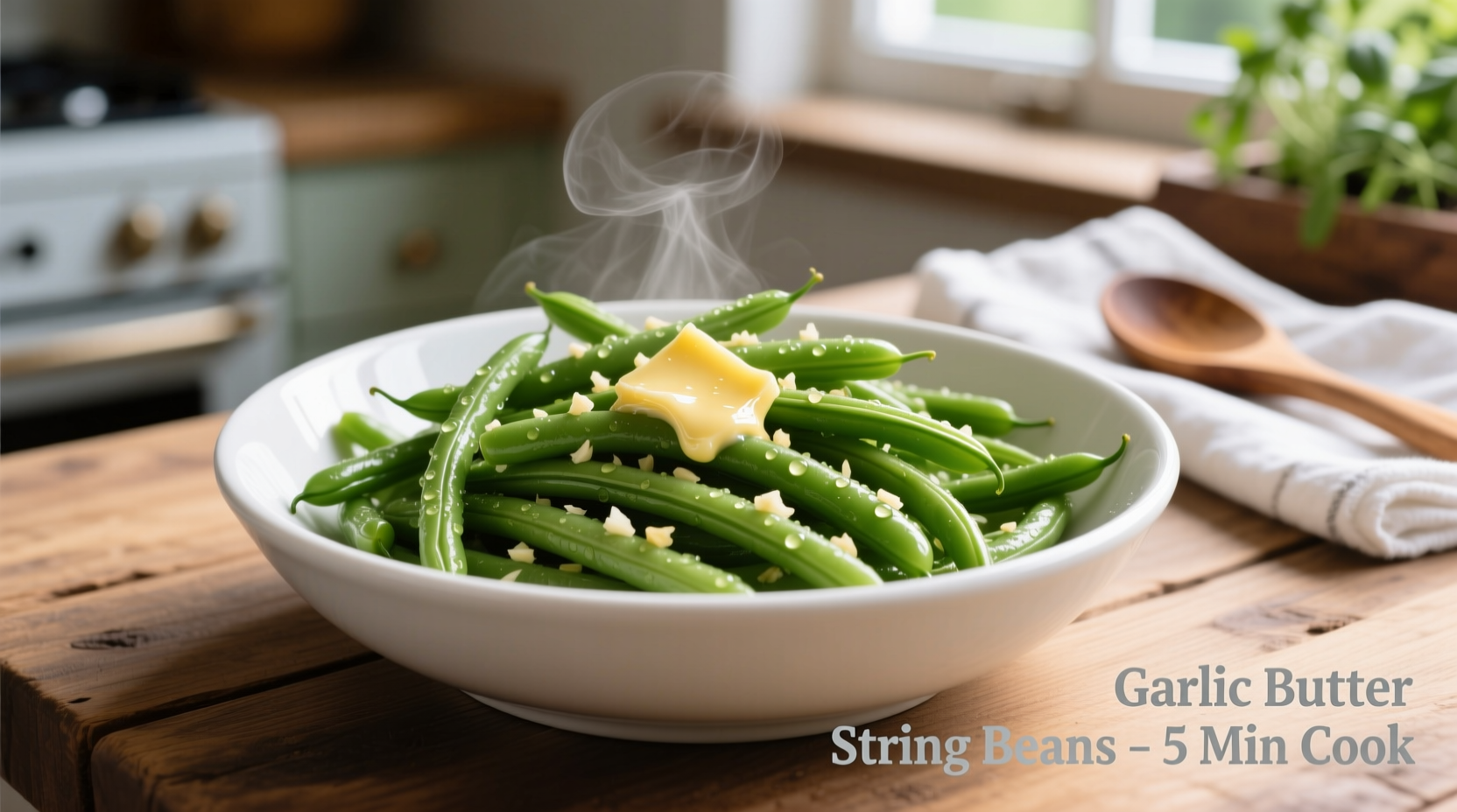 Perfectly cooked garlic butter string beans in white bowl