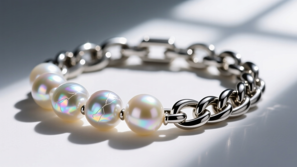 Macro shot of freshwater pearls tangled with a PVD titanium Cuban chain highlighting surface friction and nacre micro-scratches