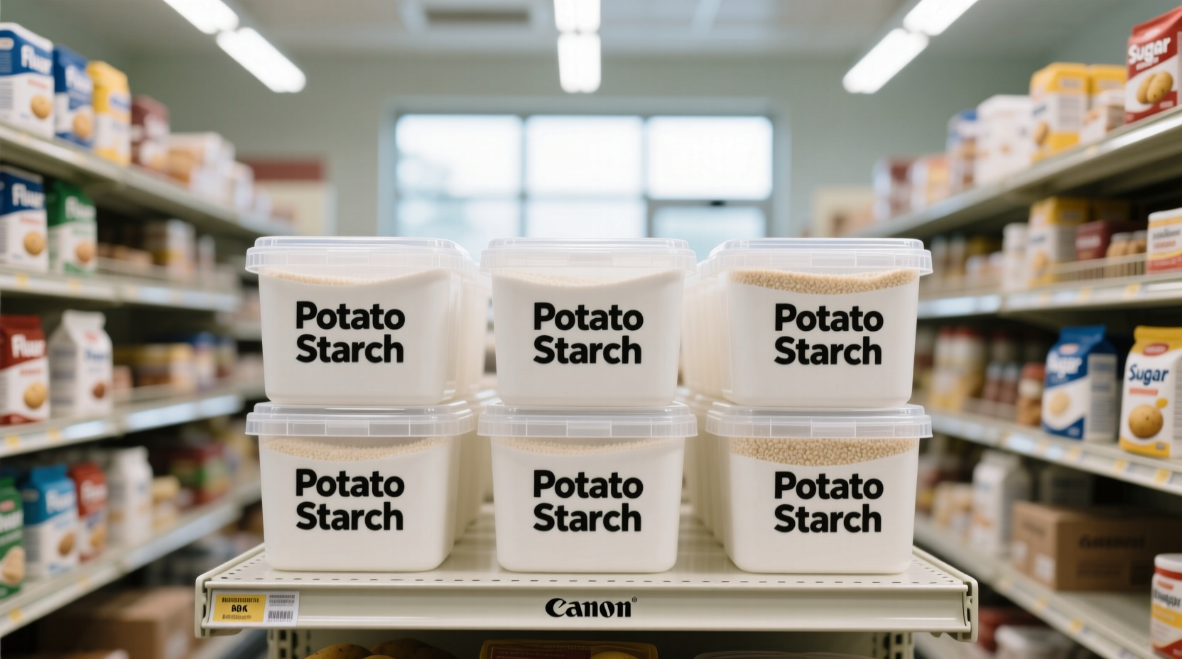 Potato starch containers in grocery store