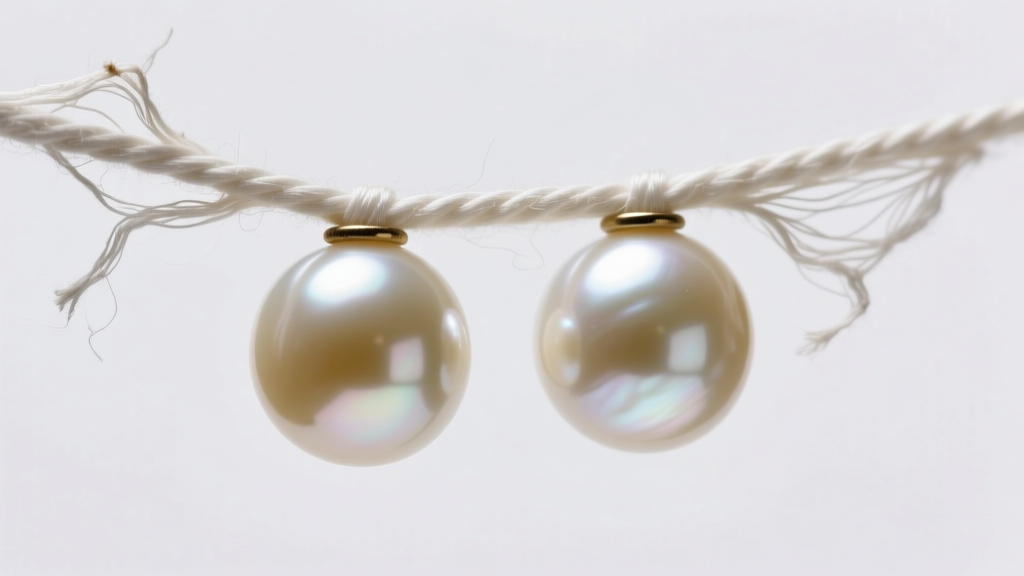 Close-up of frayed white silk thread between two large 14mm cream Edison pearls, showing visible wear and structural weakness.
