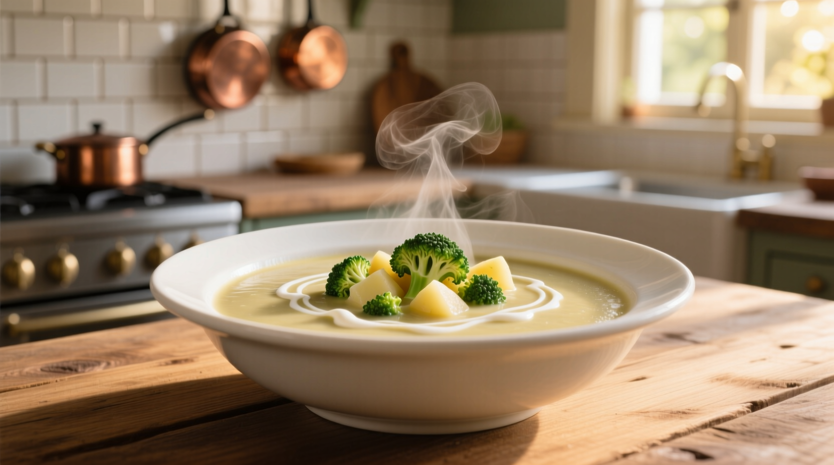 Creamy broccoli potato soup in white bowl