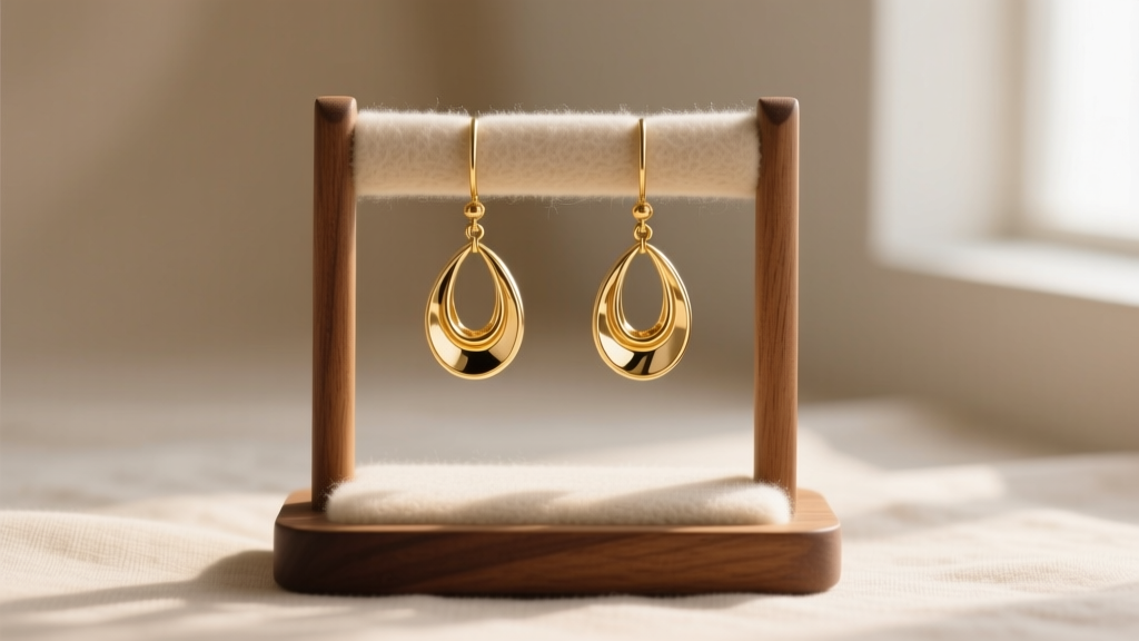 Gold vermeil drop earrings hanging on a felt-lined wooden stand, spaced apart to prevent friction and moisture buildup.