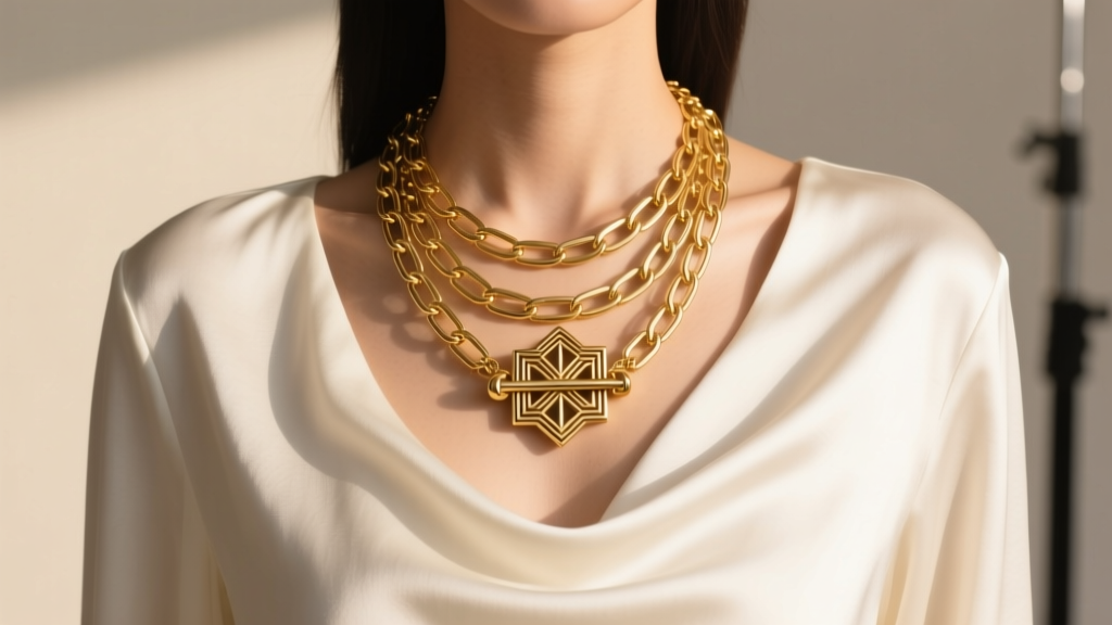 Model wearing layered 14k gold paperclip chain necklace with a prominent decorative front-toggle clasp styled over a silk top.