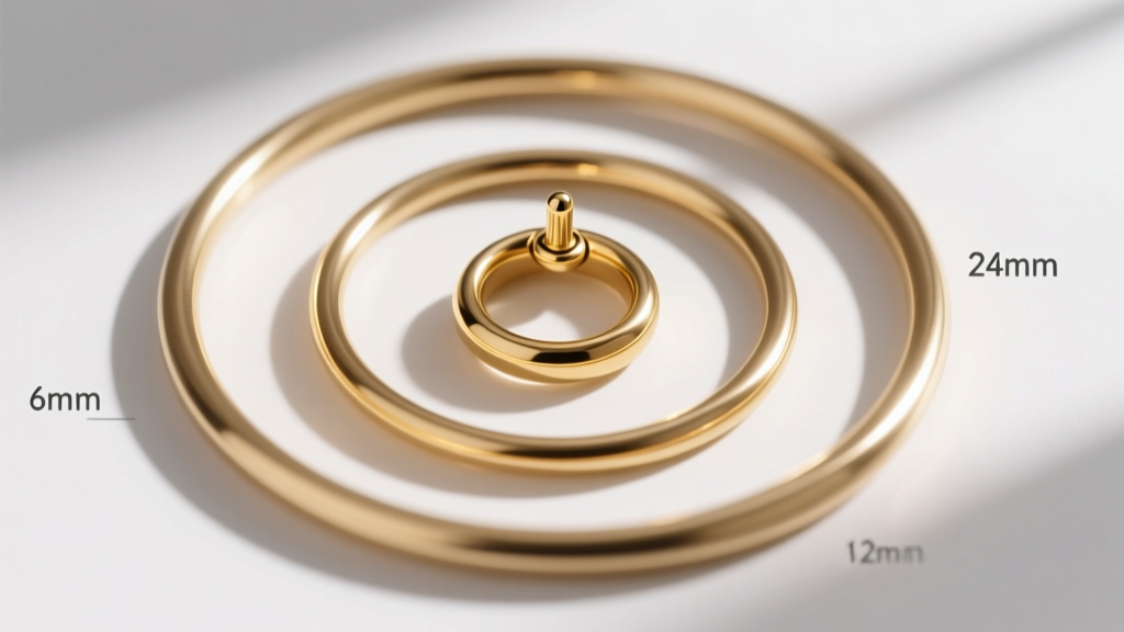 Overhead shot comparing three hoop diameters, highlighting a tiny 6mm inner diameter gold clicker ring designed for snug nostrils