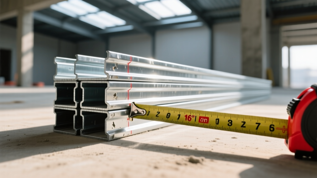 Close-up of galvanized steel framing studs stacked on a commercial job site with a tape measure showing exact 16-inch on-center spacing