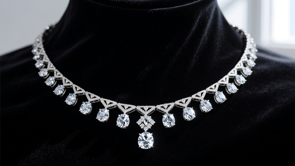 Cinematic diamond rivière necklace on dark velvet, showcasing graduated brilliant-cut stones with intricate platinum settings.