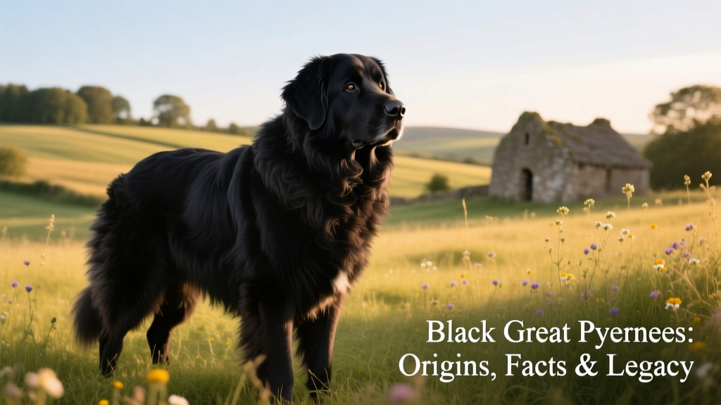 A calm, dignified black Great Pyrenees standing in a grassy field, showcasing its thick double coat and gentle expression