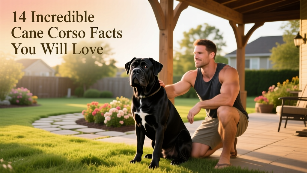 A well-muscled adult Cane Corso sitting attentively beside its owner on a grassy backyard patio