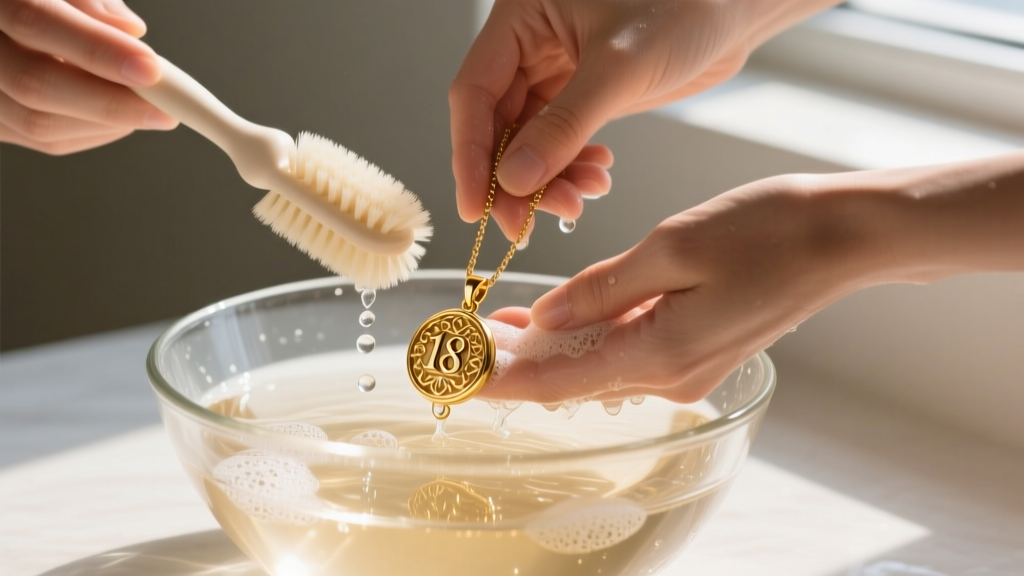 Hands gently washing an 18k gold pendant necklace in a glass bowl of warm soapy water using a soft baby-bristle brush