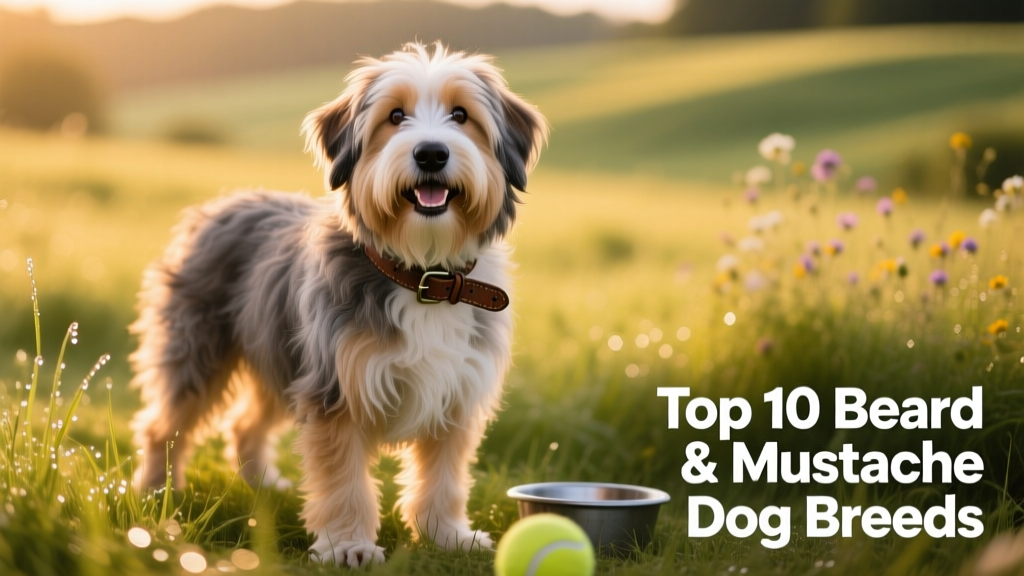 A smiling Bearded Collie with a full, shaggy beard and lively eyes, standing in a grassy field