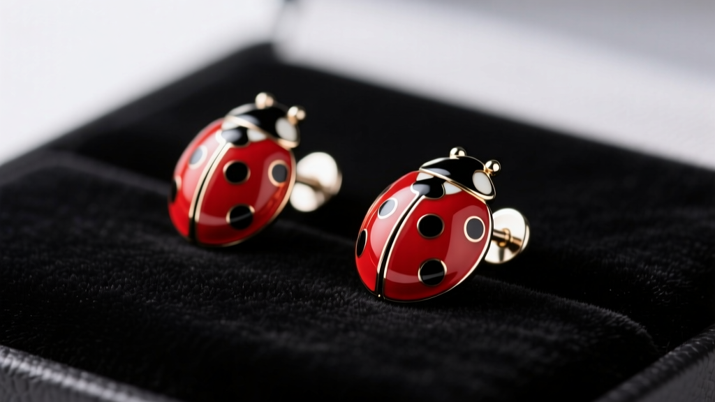 Macro shot of red and black enamel ladybug studs on dark velvet, highlighting the polished titanium post under soft studio lighting.