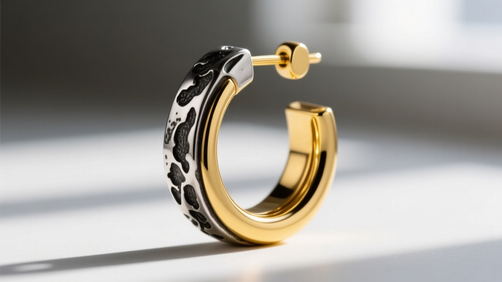 Macro shot of a hybrid fusion earring with an 18k yellow gold huggie seamlessly soldered to an oxidized sterling silver ear cuff.