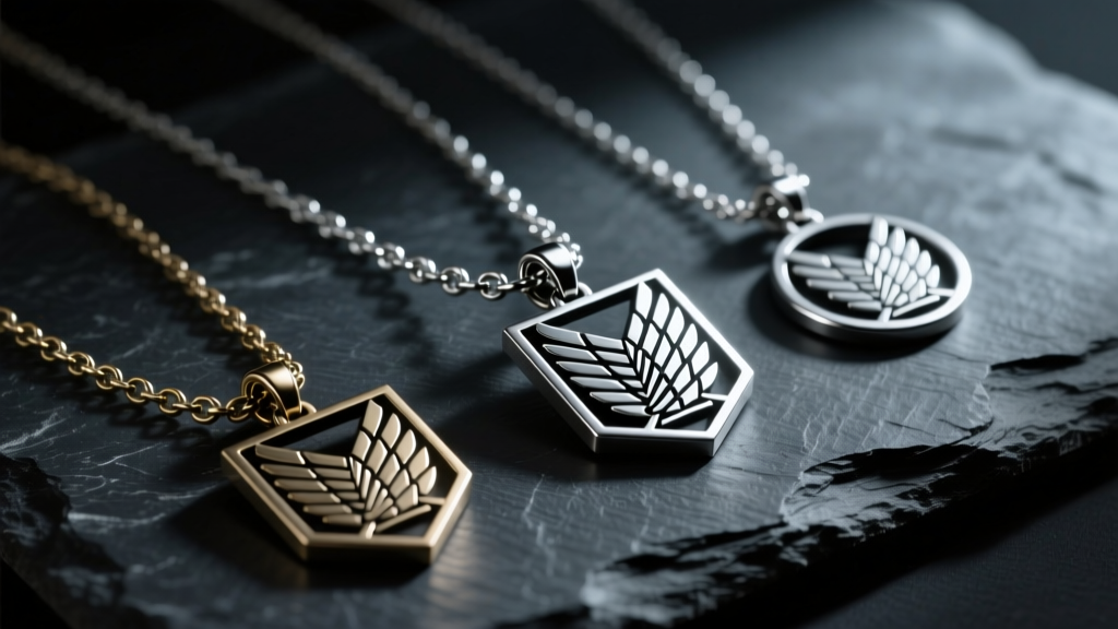 Attack on Titan key necklaces in dull alloy, shiny steel, and polished silver on dark slate under dramatic, moody side lighting.