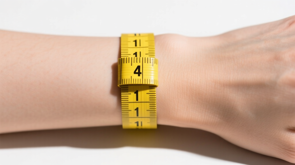 Close-up of a yellow fabric measuring tape wrapped snugly around a bare wrist, highlighting the exact half-inch mark for sizing.