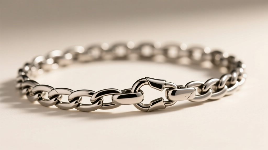 Side profile of an implant-grade titanium rolo chain necklace with a secure lobster clasp, illuminated by warm studio lighting.