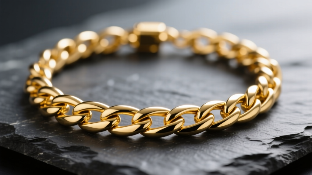 Macro shot of a polished 18k yellow gold figaro necklace chain on dark slate, highlighting its distinct alternating link pattern
