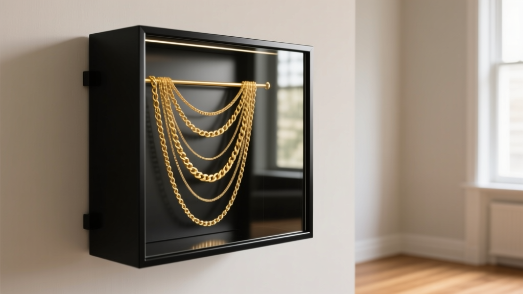 A sleek matte black powder-coated steel wall mounted jewelry organizer with a tempered glass door, displaying layered gold chains.