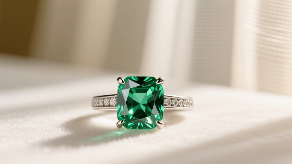 A 10x jeweler's loupe inspecting a loose round-cut cubic zirconia stone in the prong setting of an artic angel necklace halo.