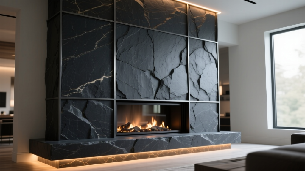 Large-format dark slate stone veneer panels installed over a steel stud fireplace surround with hidden LED accent lighting