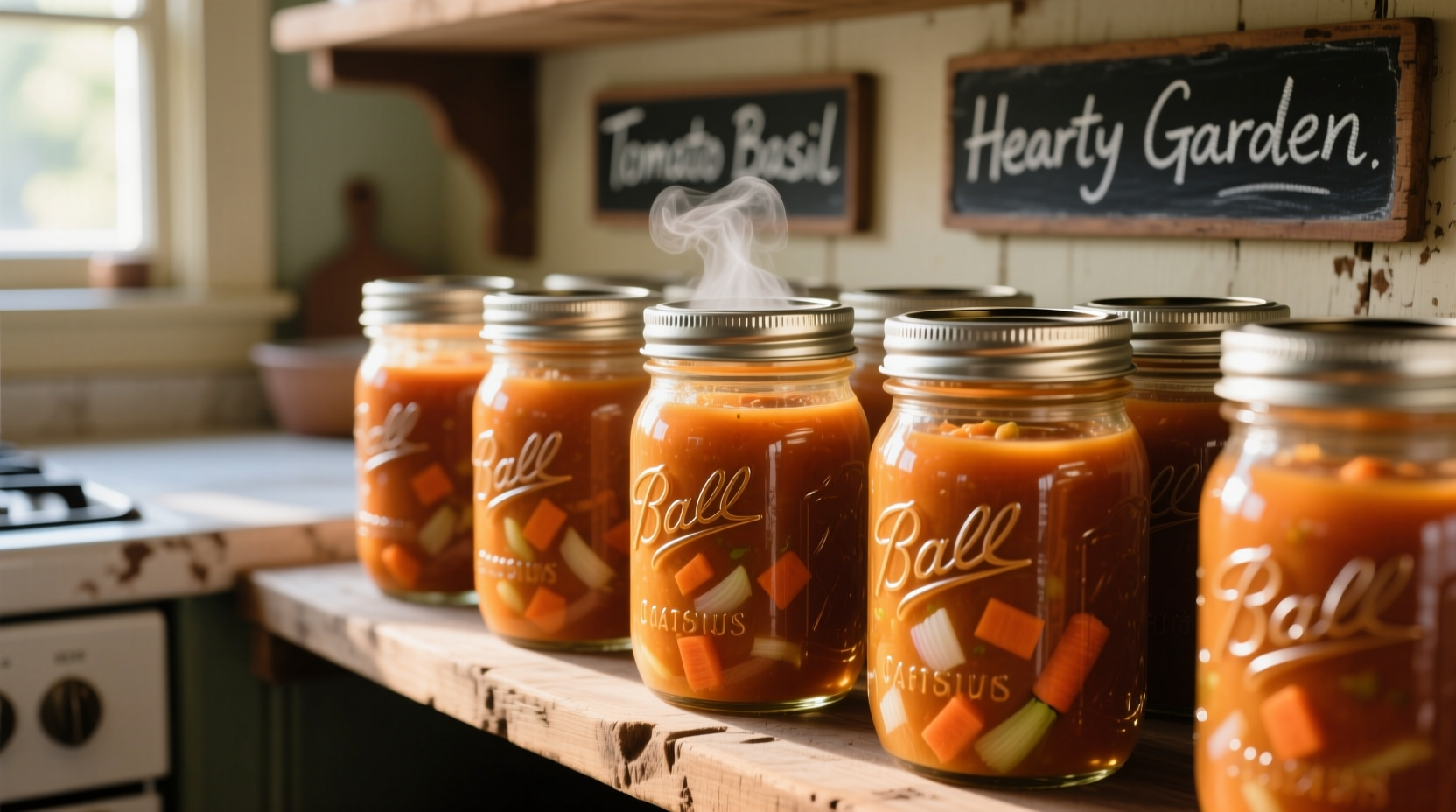 Ball mason jars filled with tomato soup ready for canning