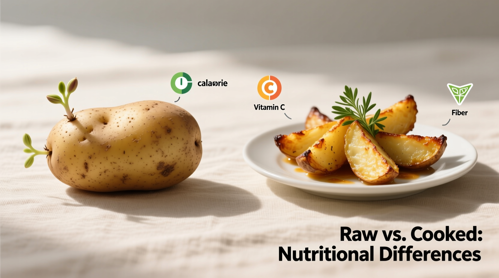 Raw potatoes next to cooked potato dishes showing nutritional differences