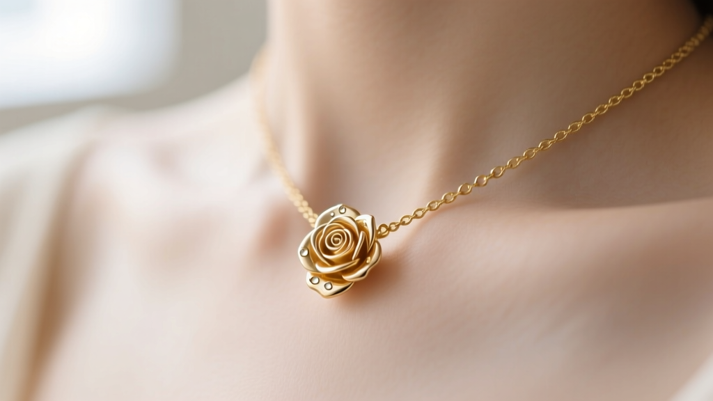 Macro view of a delicate 14k gold 0.8mm cable chain on a collarbone with a tiny 6mm micro-realism rose pendant in soft lighting.