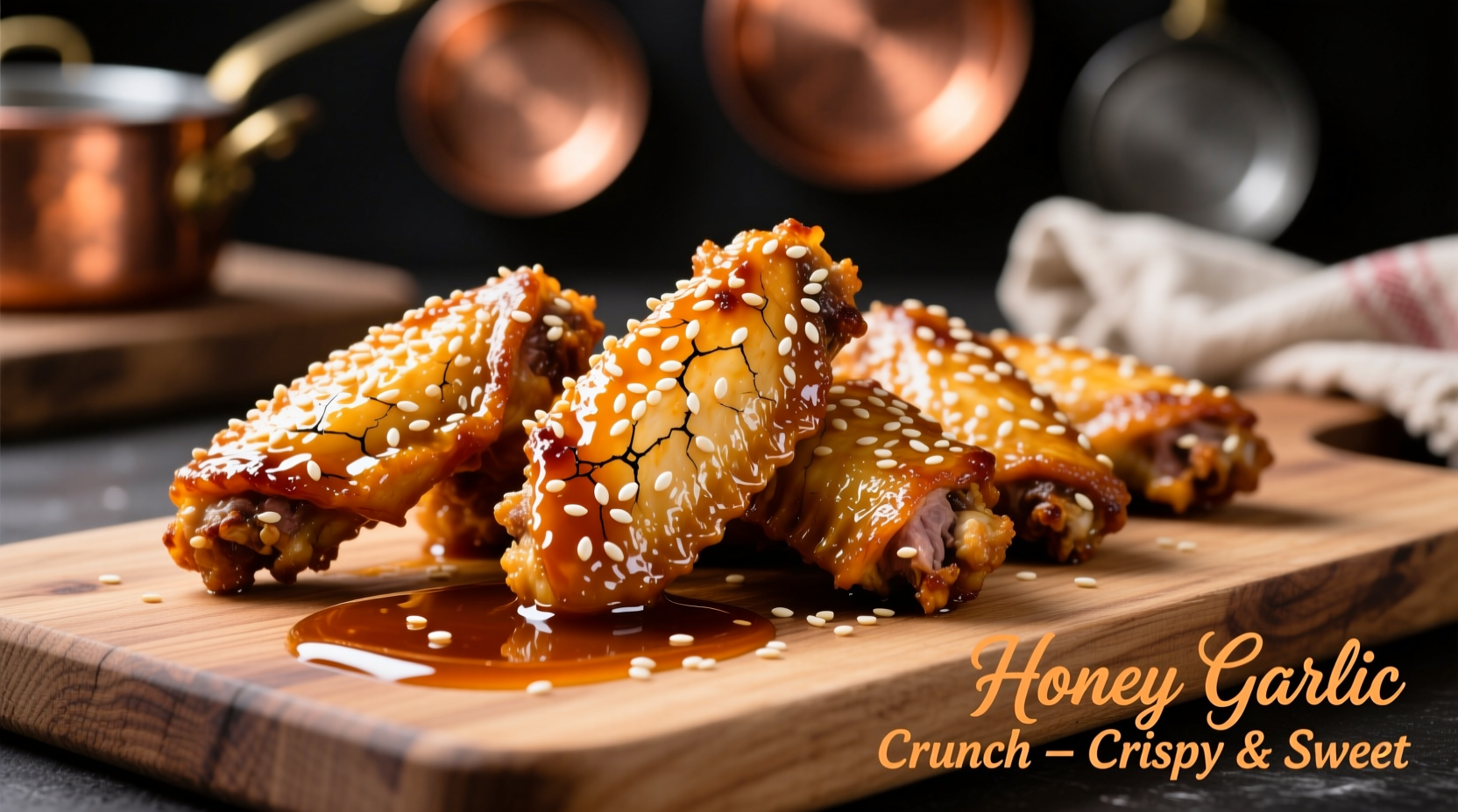 Crispy honey garlic chicken wings with sesame seeds