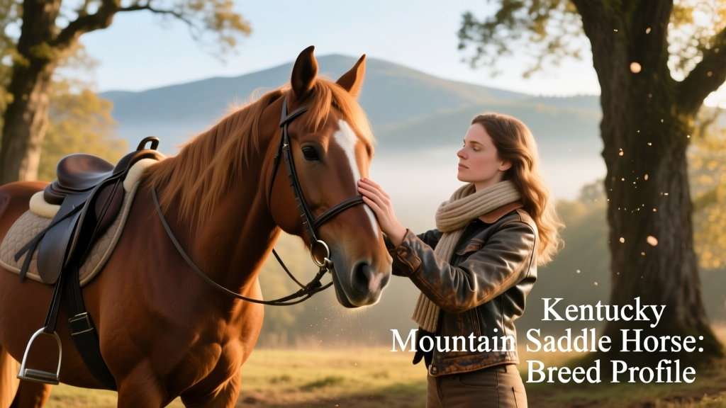 A Kentucky Mountain Saddle Horse being gently groomed by a young rider, illustrating their calm demeanor and trusting relationship with humans