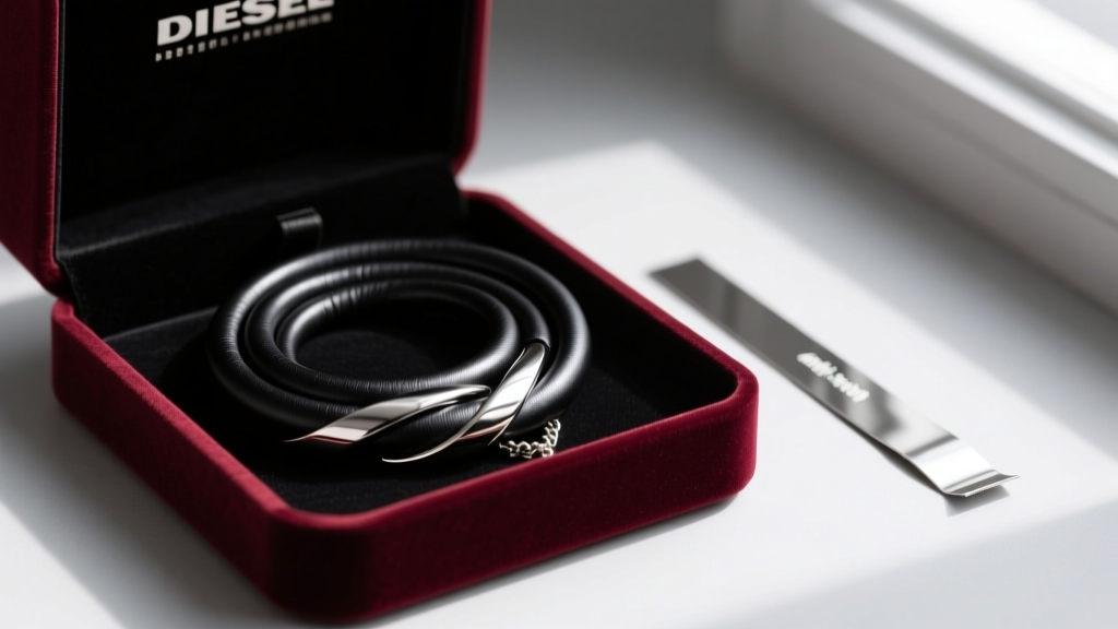 A black leather and steel Diesel necklace neatly coiled inside a velvet-lined jewelry box with an anti-tarnish strip beside it