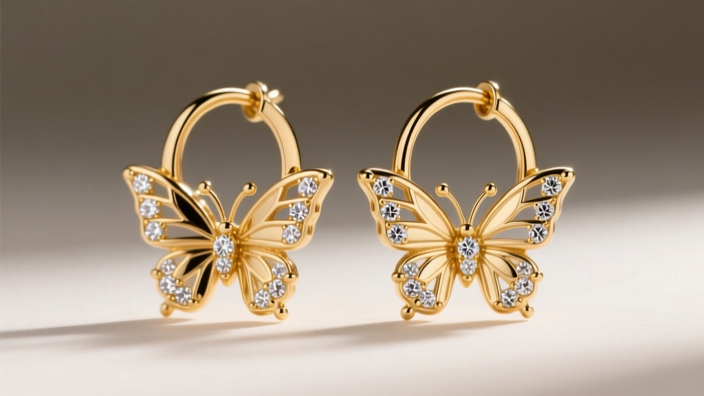 Close-up of 18k gold butterfly earrings hoops with diamond wings, soft studio lighting highlighting the intricate metalwork