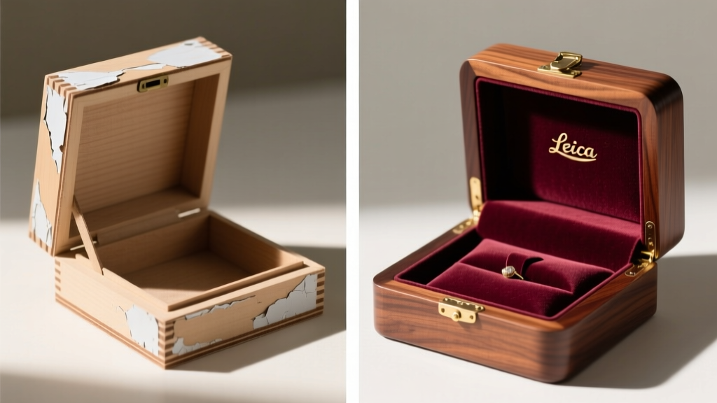 Split view of a cheap MDF jewelry box interior with peeling glue beside a solid walnut box featuring precision-cut velvet inserts.