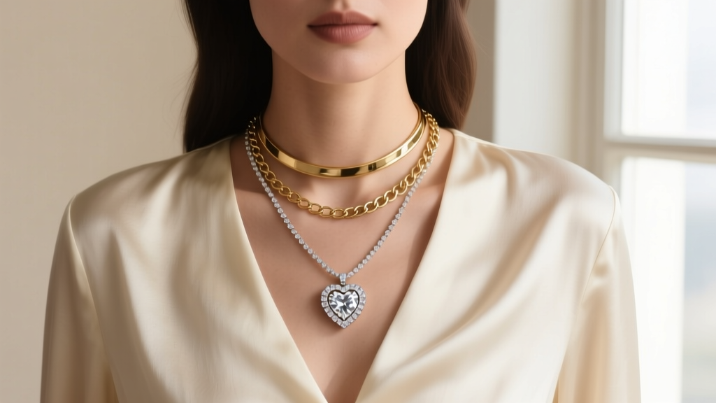 Woman layering a 16-inch open heart diamond necklace with a 14-inch gold choker and 18-inch rolo chain over a cream silk blouse.