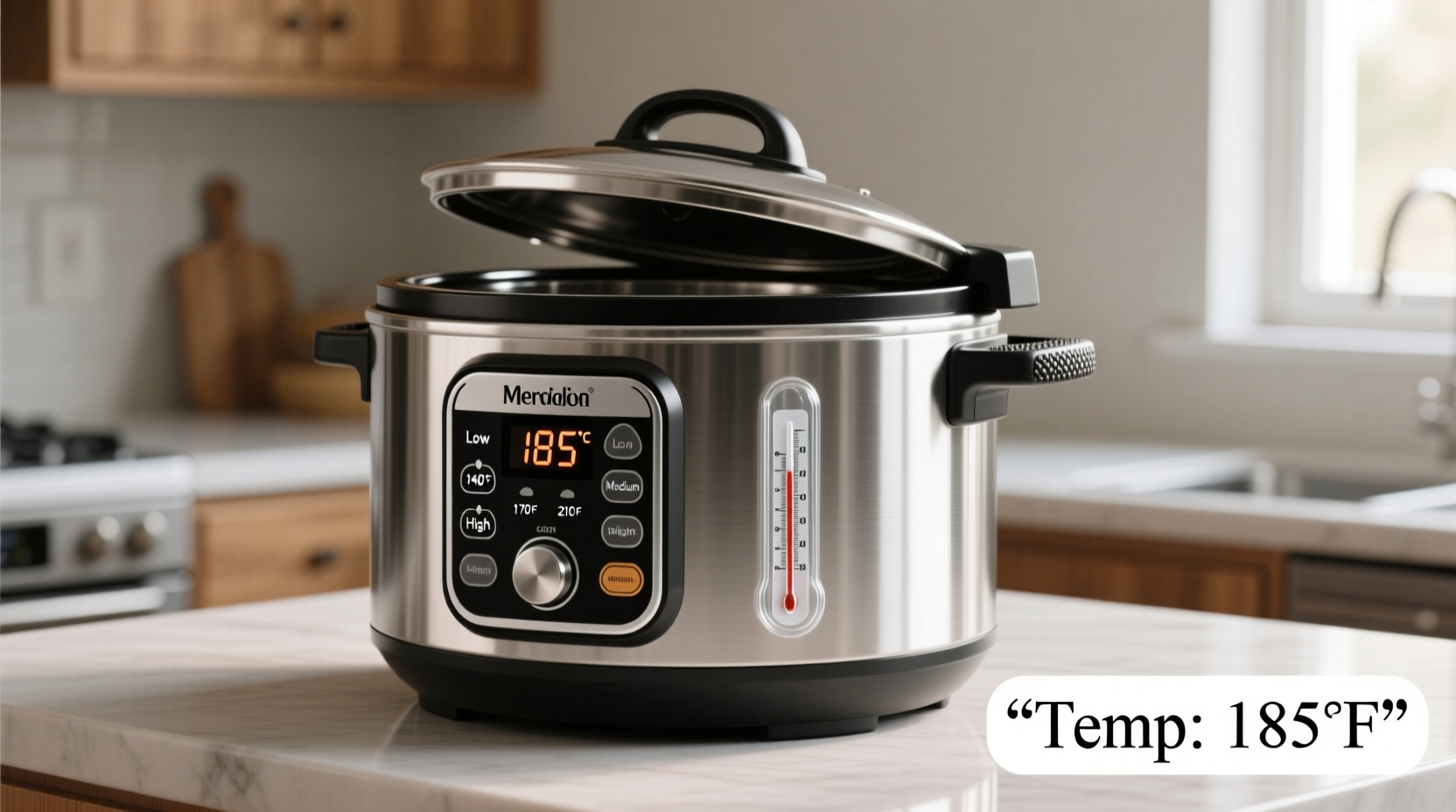 Slow cooker showing temperature settings with thermometer