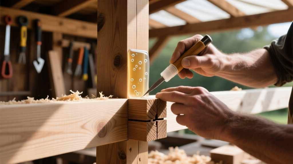 Close-up of a craftsman applying penetrating epoxy sealer to a complex mortise and tenon timber frame joint in a shaded outdoor workshop.