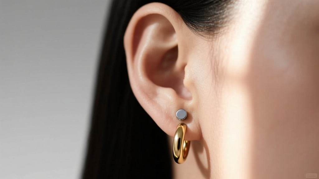 Close-up of a right ear featuring a minimalist 14k gold huggie hoop and a small titanium stud in soft natural window light.